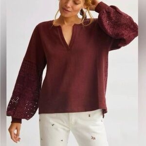 Anthropologie Eyelet Embellished Sweatshirt Burgundy / Plum Color.  Sz XL. VGUC